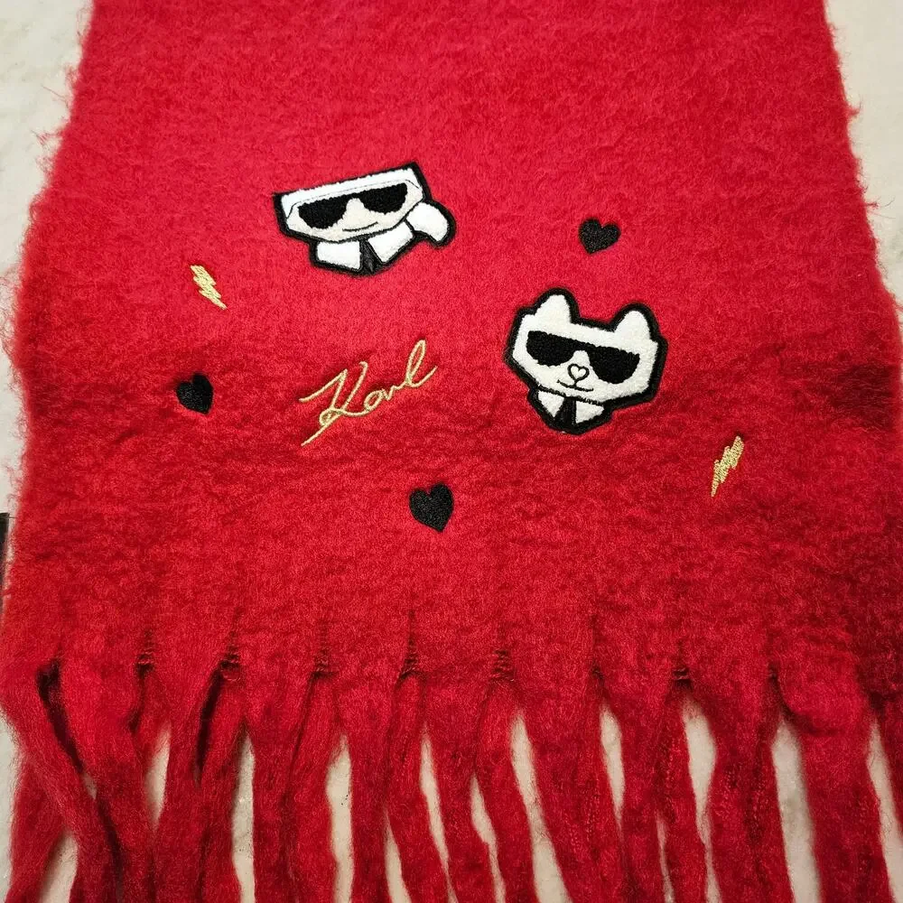 Karl Lagerfeld Paris Blanket Scarf /Wrap Embroidered Cat Choupette Fringed NWT
